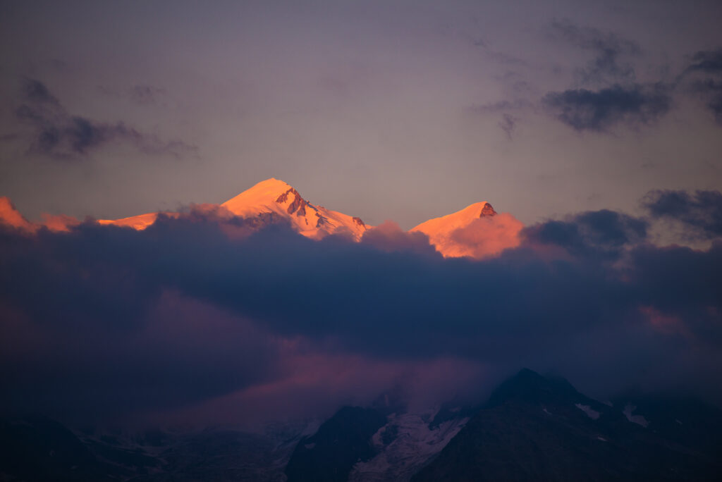 Mont Blanc Massif at Sunset near Chamonix, France. Scenic Alpine Sunset.