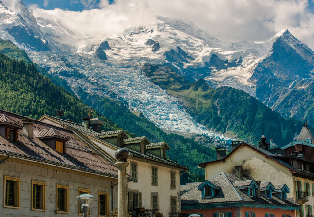 Chamonix Mont Blanc France. City and the Scenic View. Mont Blanc Massif and the Glaciers.