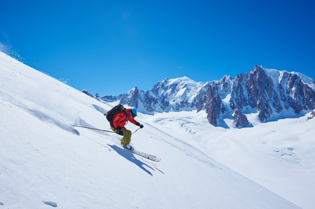 Male skier speeding downhill,  Mont Blanc massif, Graian Alps, France