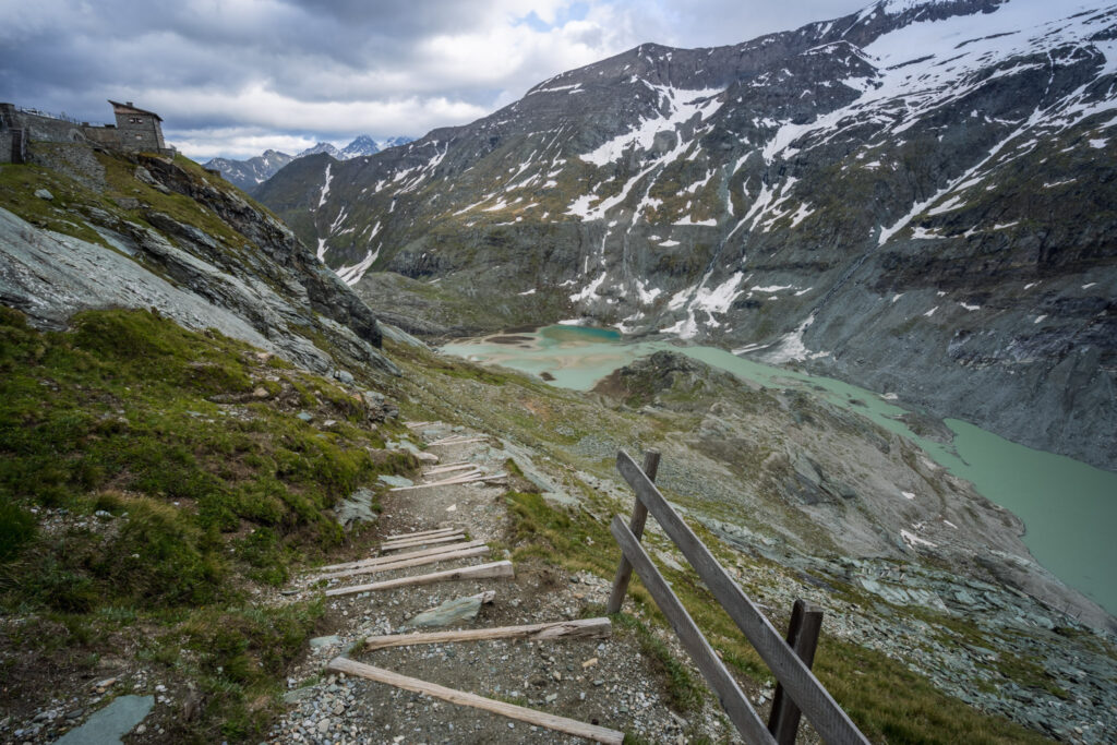 Hiking trail to Grossglockner mountain glacier. Austria. Summer.