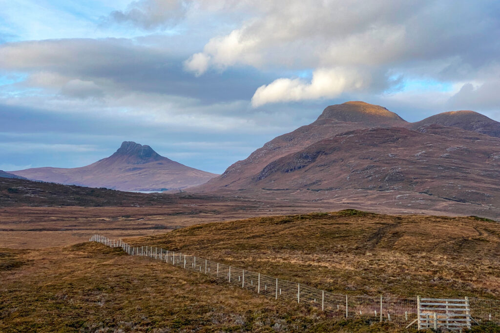 Stac Pollaidh (left)  and Cul Beag Mountain in the Northwest Highlands of Scotland.
