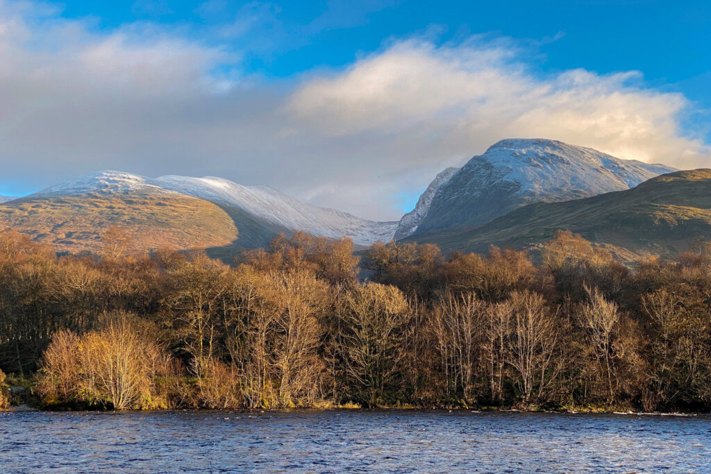 Ben Nevis, the highest mountain in the British Isles, viewed across Water of Nevis, a river that flows into Loch Linnhe, a sea loch in Lochaber, Scotland.